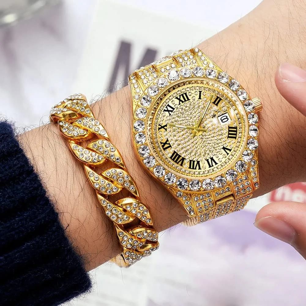 Mens Ice Out Watches Big Rocks with Roman Numerals Fully Colorful Dial Gold Watch