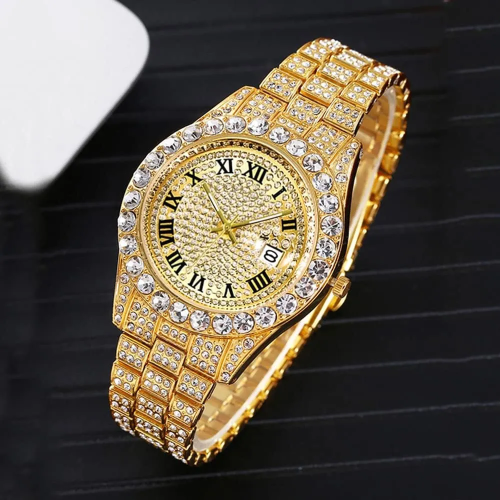 Mens Ice Out Watches Big Rocks with Roman Numerals Fully Colorful Dial Gold Watch