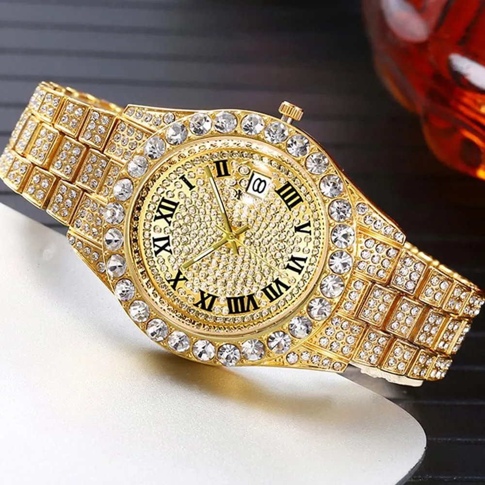 Mens Ice Out Watches Big Rocks with Roman Numerals Fully Colorful Dial Gold Watch