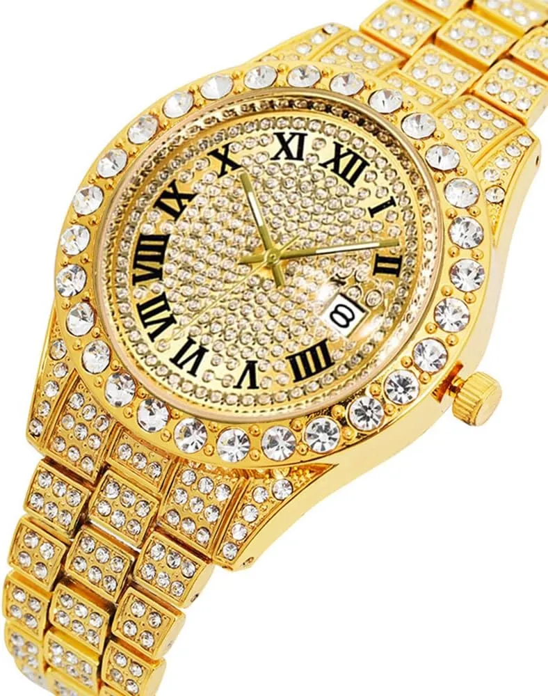Mens Ice Out Watches Big Rocks with Roman Numerals Fully Colorful Dial Gold Watch