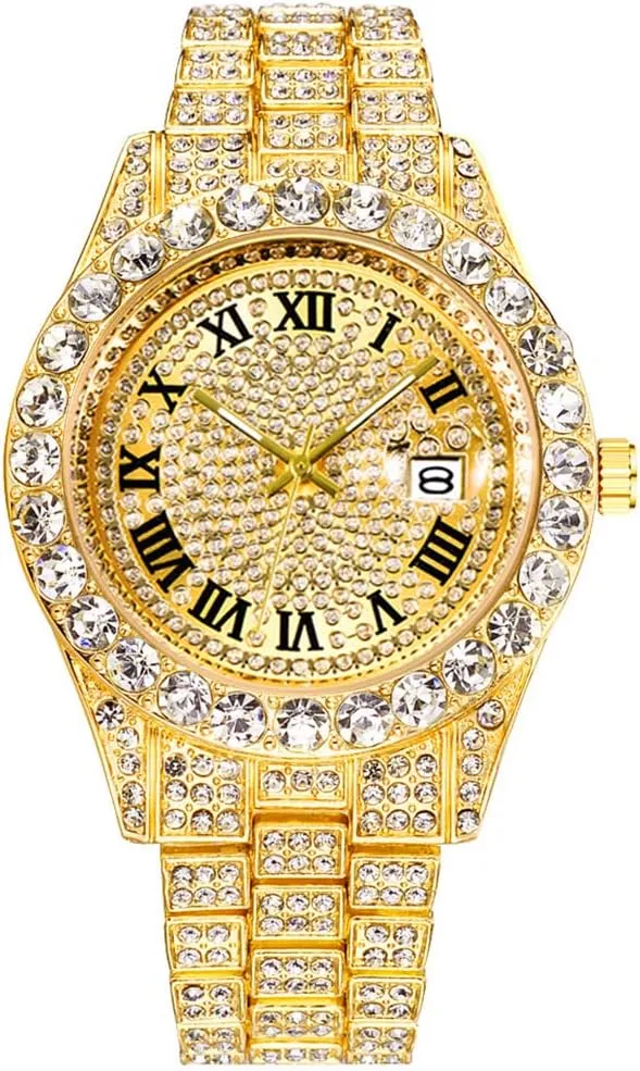 Mens Ice Out Watches Big Rocks with Roman Numerals Fully Colorful Dial Gold Watch