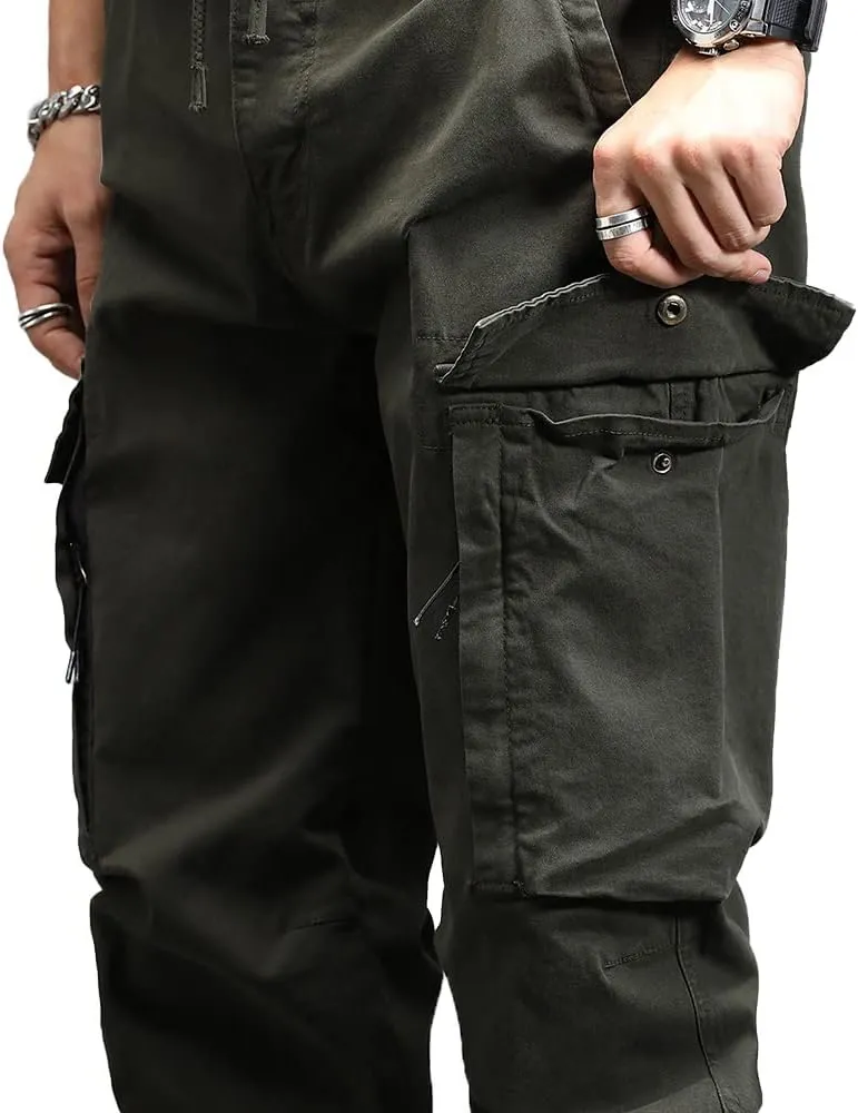 Men's Military Army Cargo Pants Outdoor Cotton Tactical Work Pants Drawstring Slim Fit Trousers