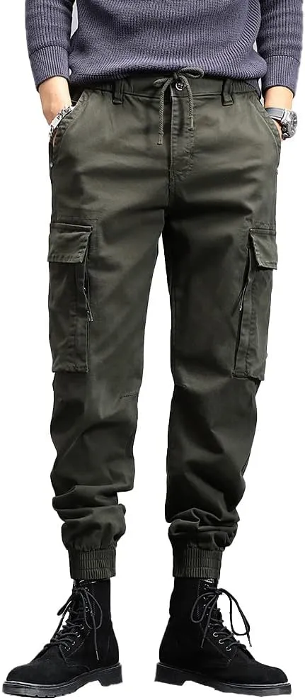 Men's Military Army Cargo Pants Outdoor Cotton Tactical Work Pants Drawstring Slim Fit Trousers