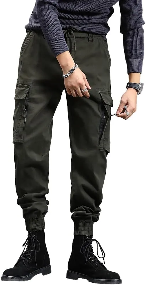 Men's Military Army Cargo Pants Outdoor Cotton Tactical Work Pants Drawstring Slim Fit Trousers