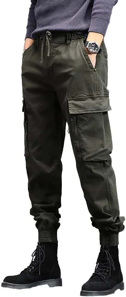 Men's Military Army Cargo Pants Outdoor Cotton Tactical Work Pants Drawstring Slim Fit Trousers