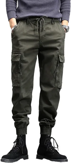 Men's Military Army Cargo Pants Outdoor Cotton Tactical Work Pants Drawstring Slim Fit Trousers