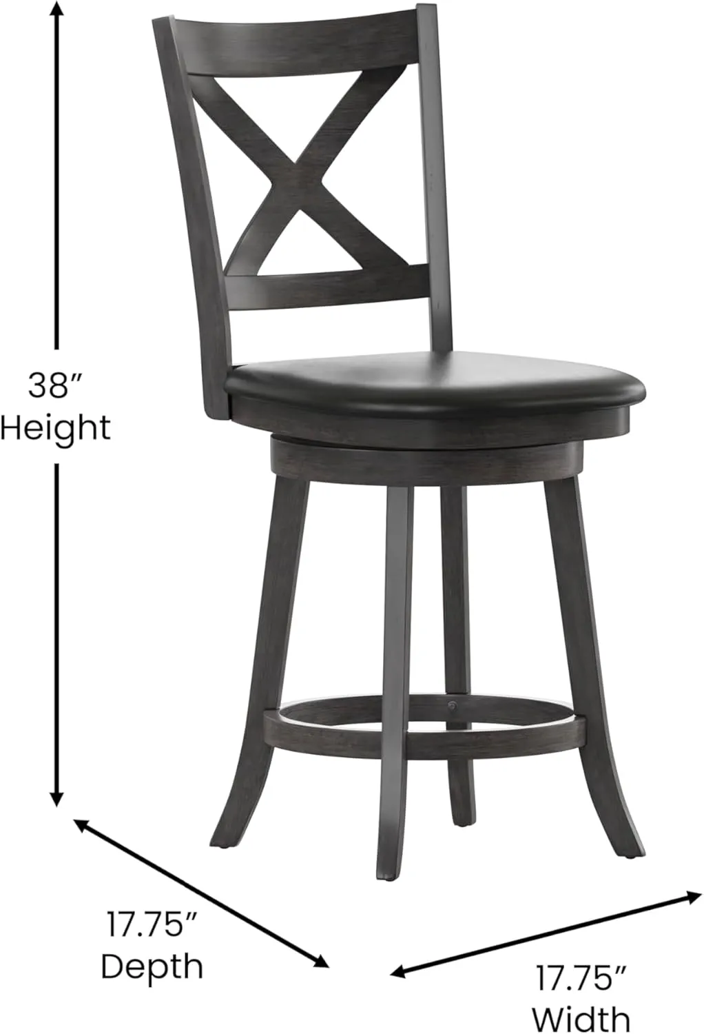 Merrick Lane Sora Crossback Swivel Counter Height Stool - Antique Oak Finish - 24" H Padded Black Faux Leather Seat - 360° Swivel - Integrated Footrest