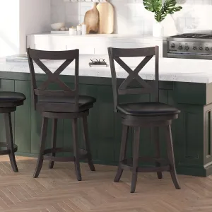 Merrick Lane Sora Crossback Swivel Counter Height Stool - Antique Oak Finish - 24" H Padded Black Faux Leather Seat - 360° Swivel - Integrated Footrest