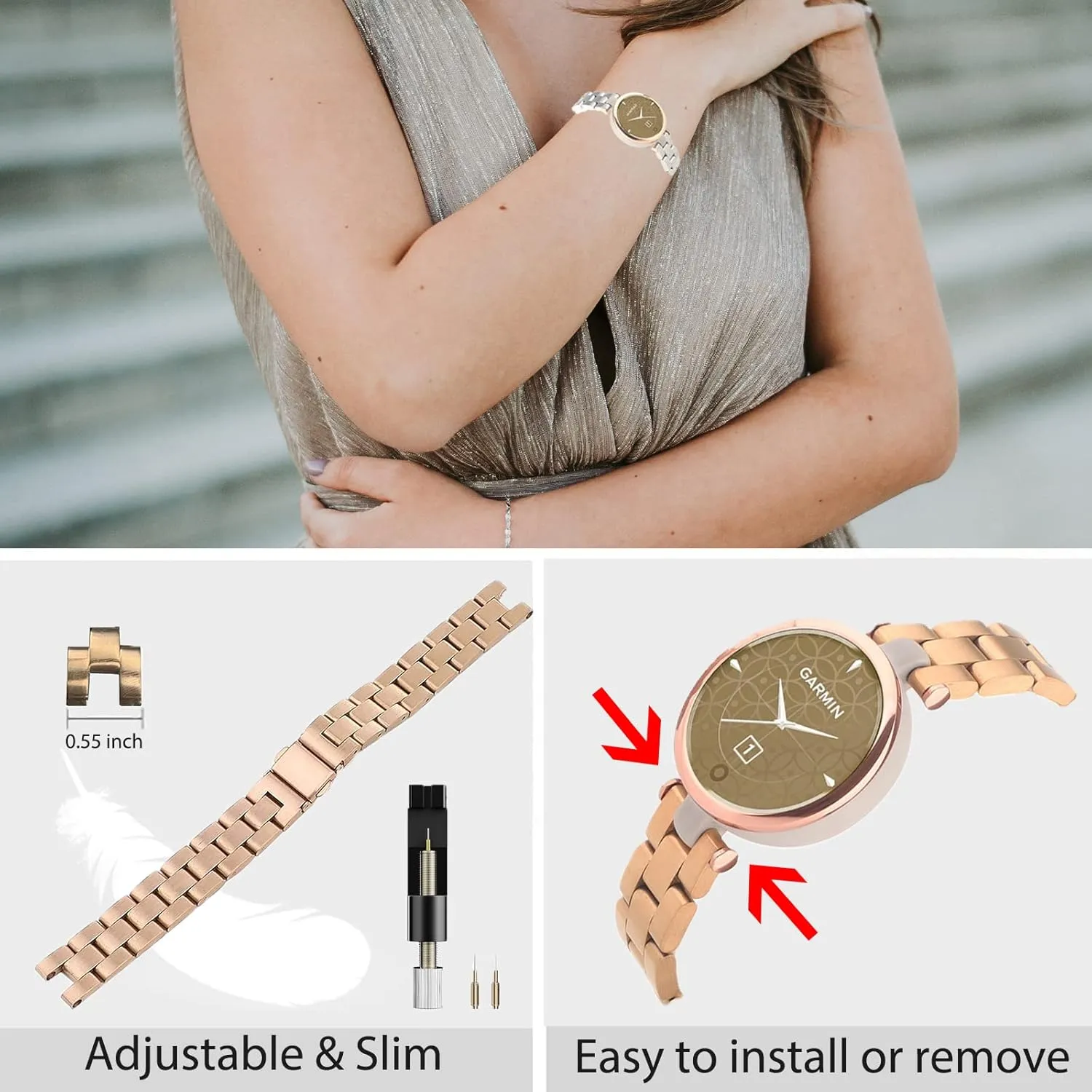 Miimall Metal Watch Band Compatible with Garmin Lily Watch, Stainless Steel Band Adjustable Wristband Replacement Men Women Metal Band Accessories Bracelet Fit for Garmin Lily SmartWatch