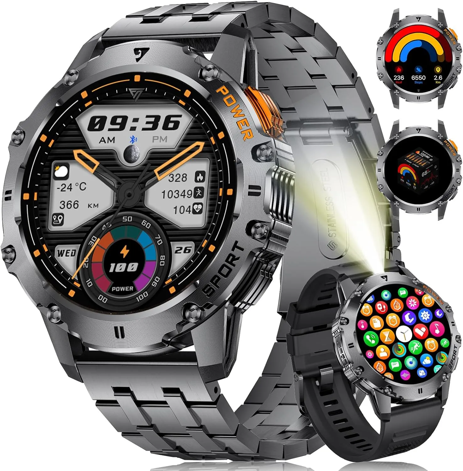 Military Smart Watch for Men with Flashlight/5ATM Waterproof,1.43'' AMOLED Tactical Smartwatch with 500mAh Battery,110  Sport Modes Fitness Tracker Smart Watch for Android iOS (Answer/Make Call)