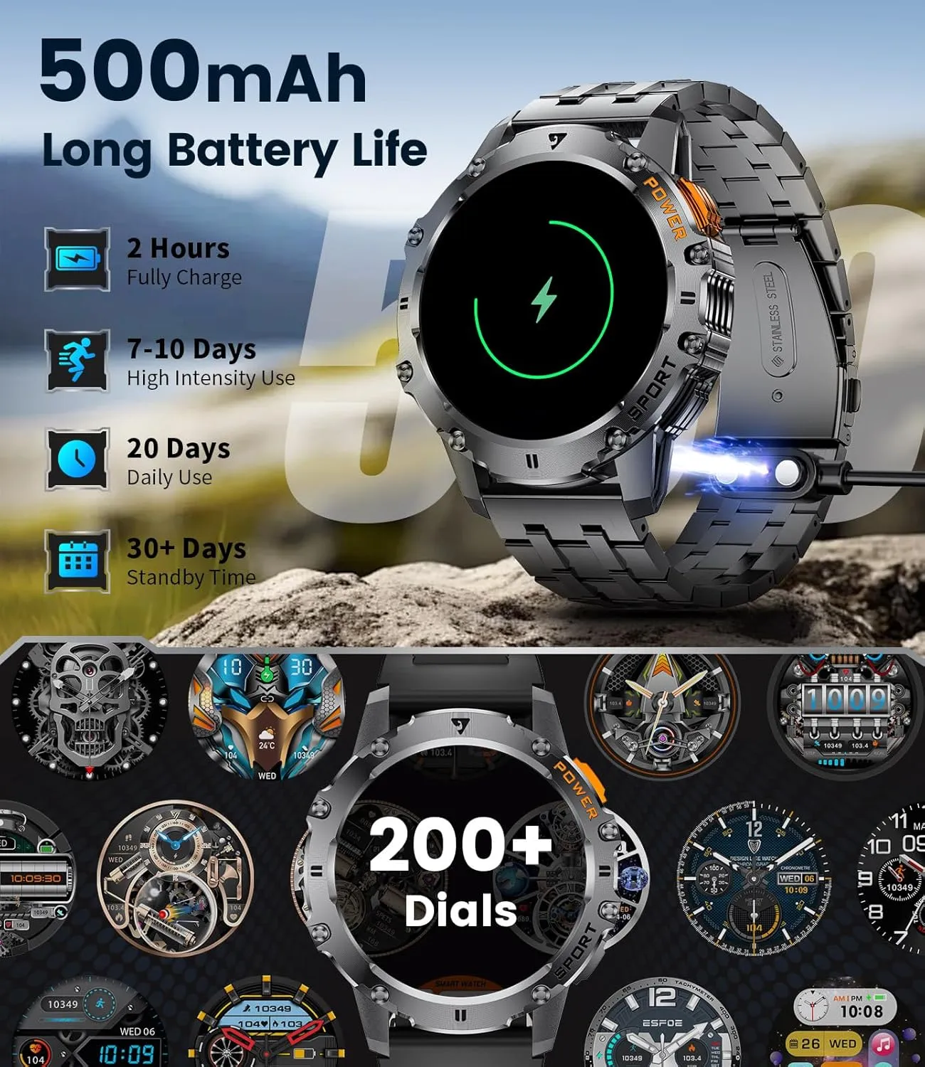 Military Smart Watch for Men with Flashlight/5ATM Waterproof,1.43'' AMOLED Tactical Smartwatch with 500mAh Battery,110  Sport Modes Fitness Tracker Smart Watch for Android iOS (Answer/Make Call)