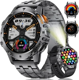 Military Smart Watch for Men with Flashlight/5ATM Waterproof,1.43'' AMOLED Tactical Smartwatch with 500mAh Battery,110  Sport Modes Fitness Tracker Smart Watch for Android iOS (Answer/Make Call)