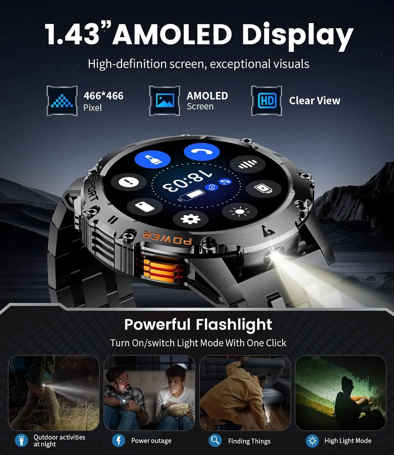 Military Smart Watch for Men with Flashlight/5ATM Waterproof,1.43'' AMOLED Tactical Smartwatch with 500mAh Battery,110  Sport Modes Fitness Tracker Smart Watch for Android iOS (Answer/Make Call)