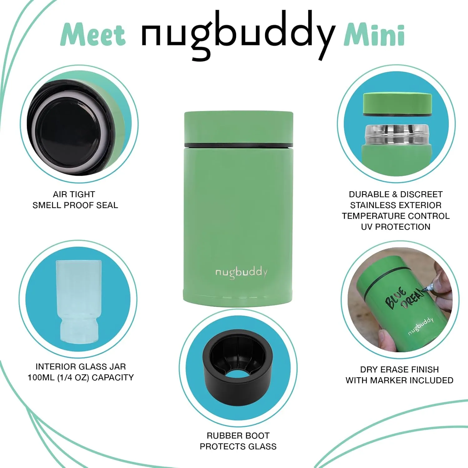 Mini Airtight Storage Container - Vacuum Sealed Insulated w Nested Glass Jar - UV Protection, Temperature Controlled Stainless - Whiteboard Finish w Marker Included - 100 ml (1/4 Oz)