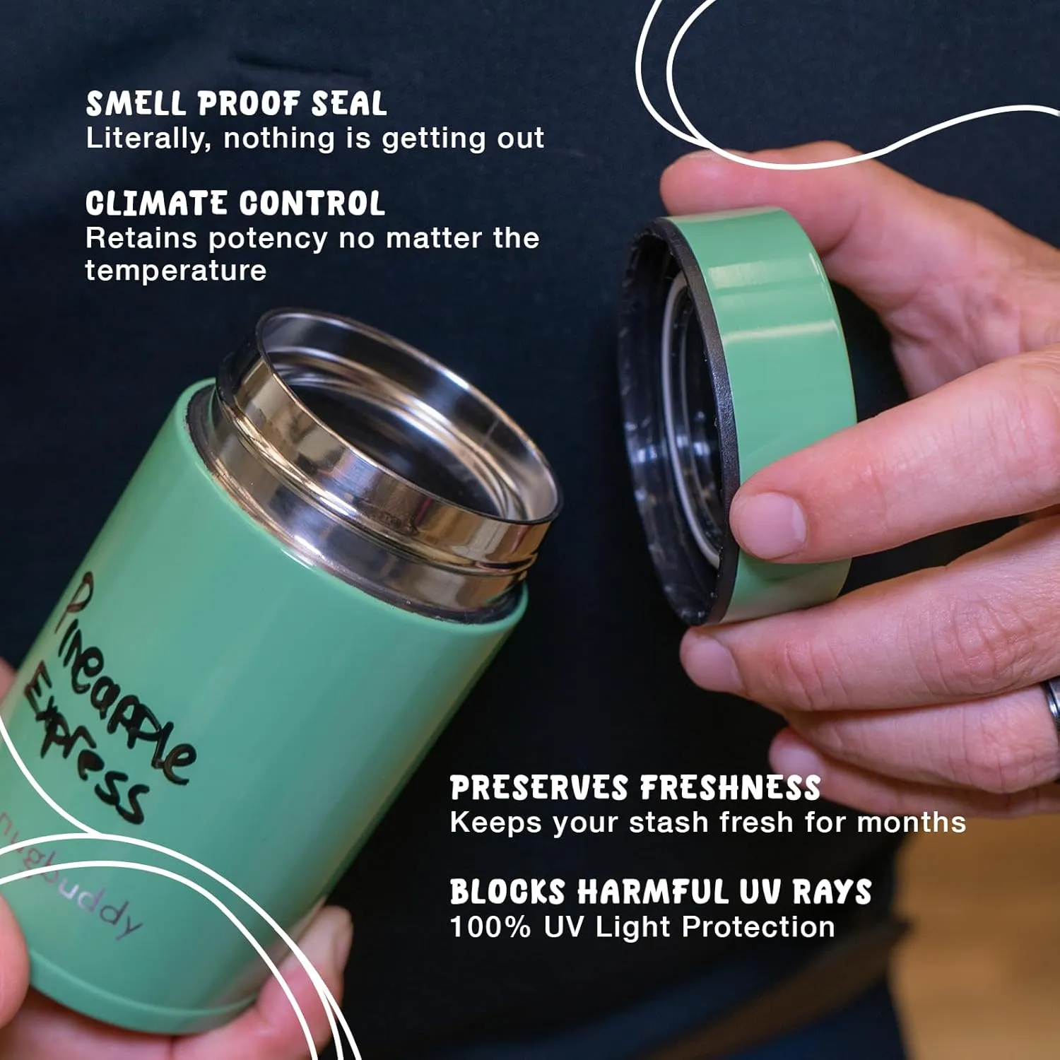 Mini Airtight Storage Container - Vacuum Sealed Insulated w Nested Glass Jar - UV Protection, Temperature Controlled Stainless - Whiteboard Finish w Marker Included - 100 ml (1/4 Oz)