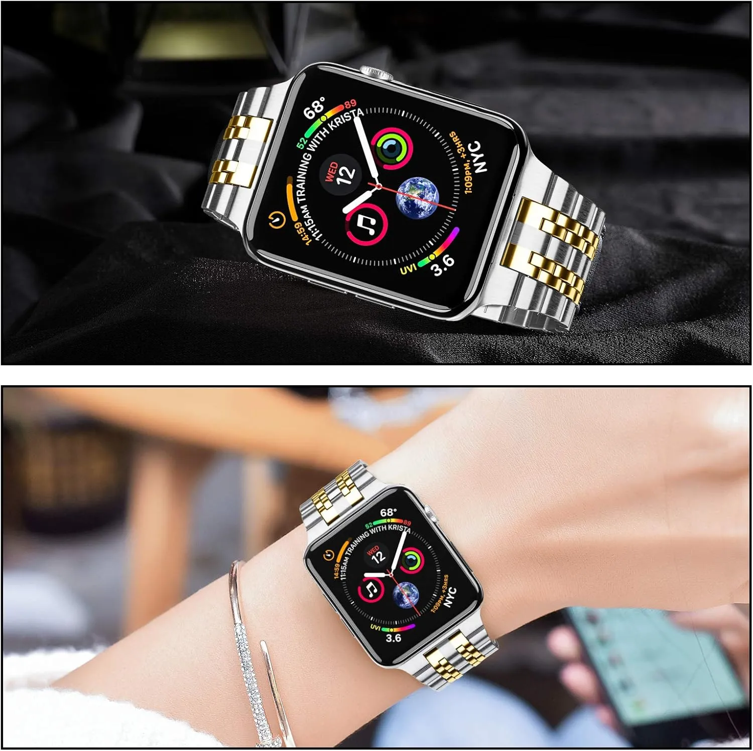 MioHHR Compatible with Apple Watch Band 46mm Series 10, Solid Stainless Steel Metal Strap Band for iWatch Series 10 46mm, Silver/Gold
