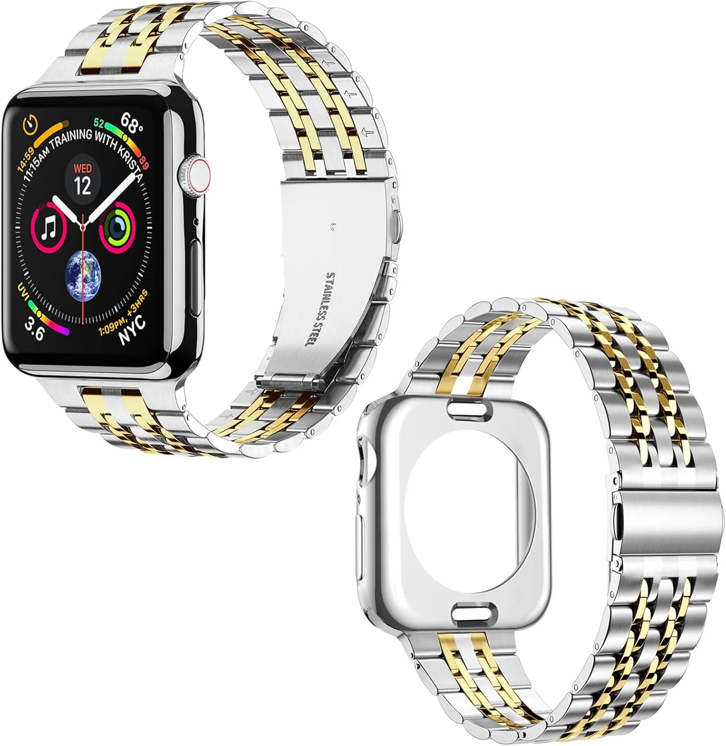 MioHHR Compatible with Apple Watch Band 46mm Series 10, Solid Stainless Steel Metal Strap Band for iWatch Series 10 46mm, Silver/Gold