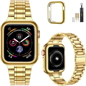 MioHHR Solid Stainless Steel Band Compatible with Apple Watch 38mm 40mm, Metal Strap with Soft TPU Case for iWatch Series 6 5 4 3 2 1 SE Women and Men (Gold, 38/40 mm)