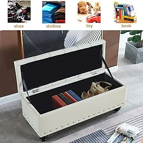 Modern Ottoman Premium Luxurious Faux Leather with Padded Storage Foot Stool Shoe Changing Stool for Living Room Bedroom Entryway Hallway-Gray 80X40X45Cm,Blue80X40X45Cm(31X16X18Inch)