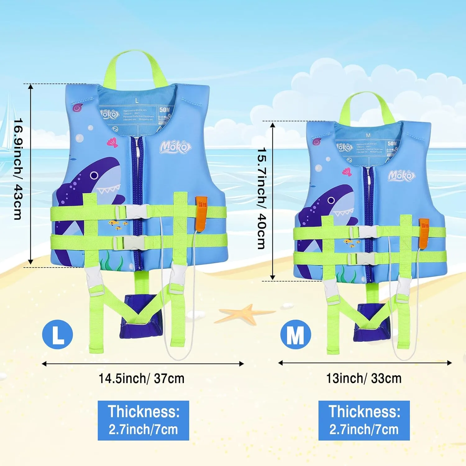 MoKo Swimming Vest for Kids 46-77 lbs, Clearance Children Swim Vests Water Activity Equipment Cute Pattern Watersports Swimming Device for Toddlers Boys Girls, L Size, Blue Shark