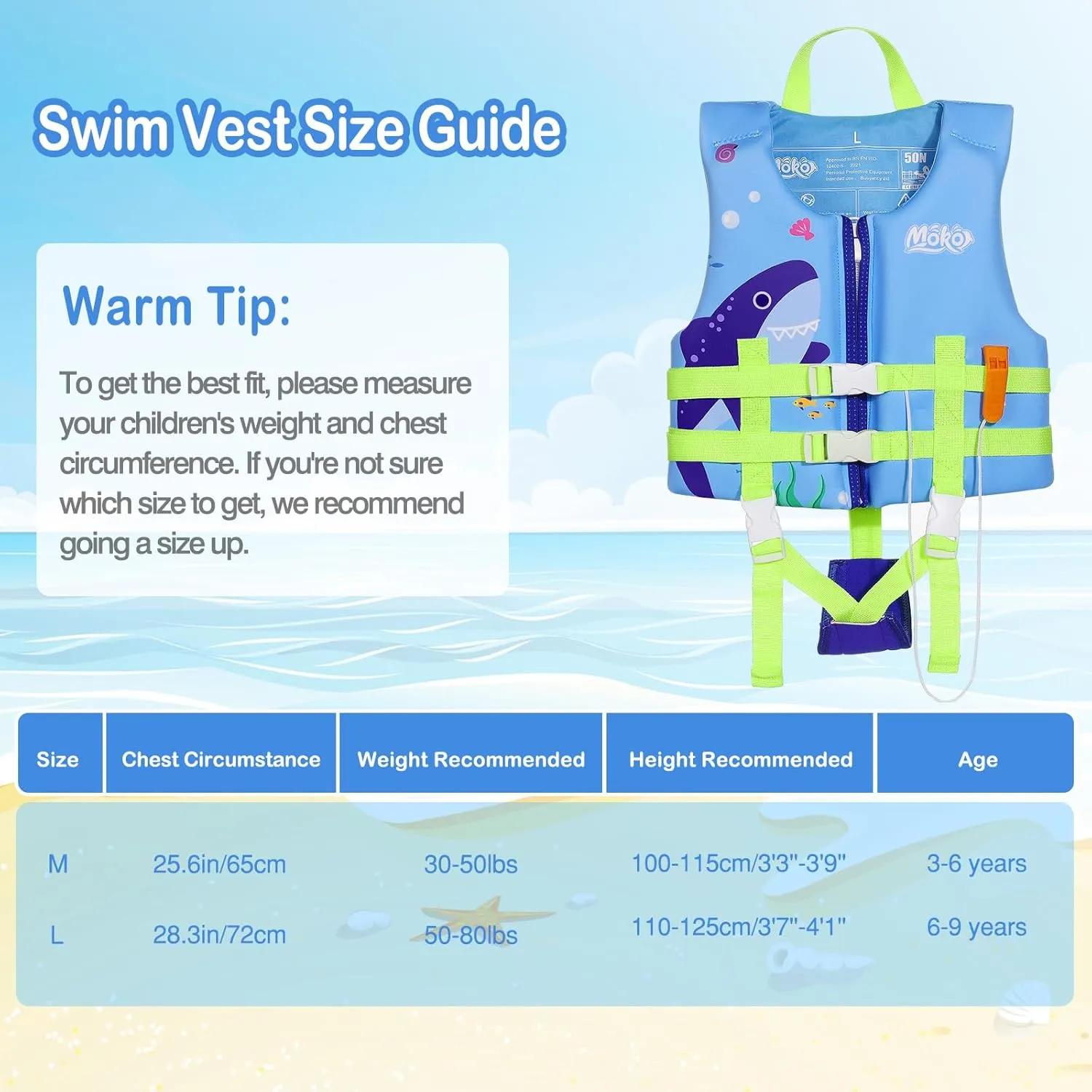 MoKo Swimming Vest for Kids 46-77 lbs, Clearance Children Swim Vests Water Activity Equipment Cute Pattern Watersports Swimming Device for Toddlers Boys Girls, L Size, Blue Shark