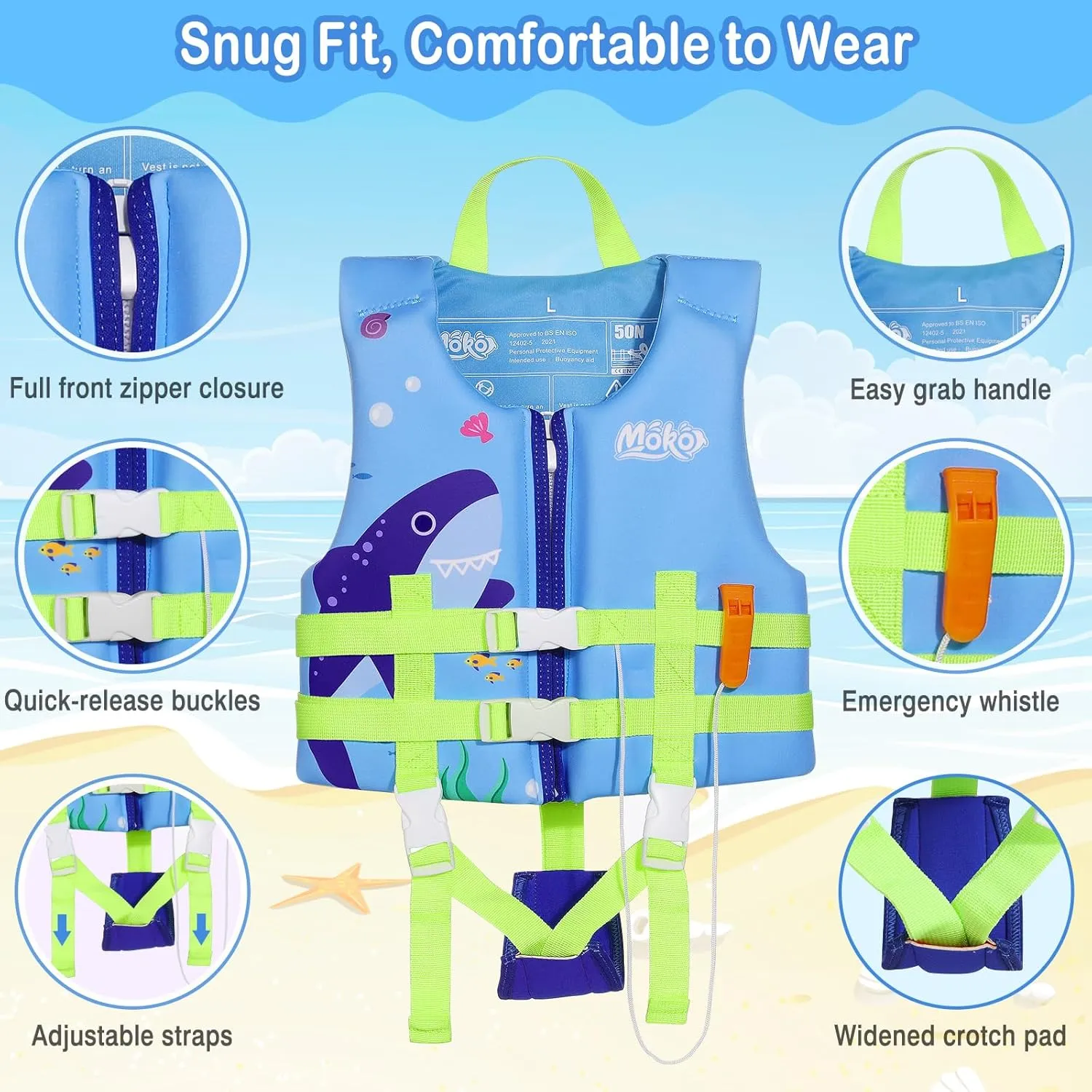 MoKo Swimming Vest for Kids 46-77 lbs, Clearance Children Swim Vests Water Activity Equipment Cute Pattern Watersports Swimming Device for Toddlers Boys Girls, L Size, Blue Shark