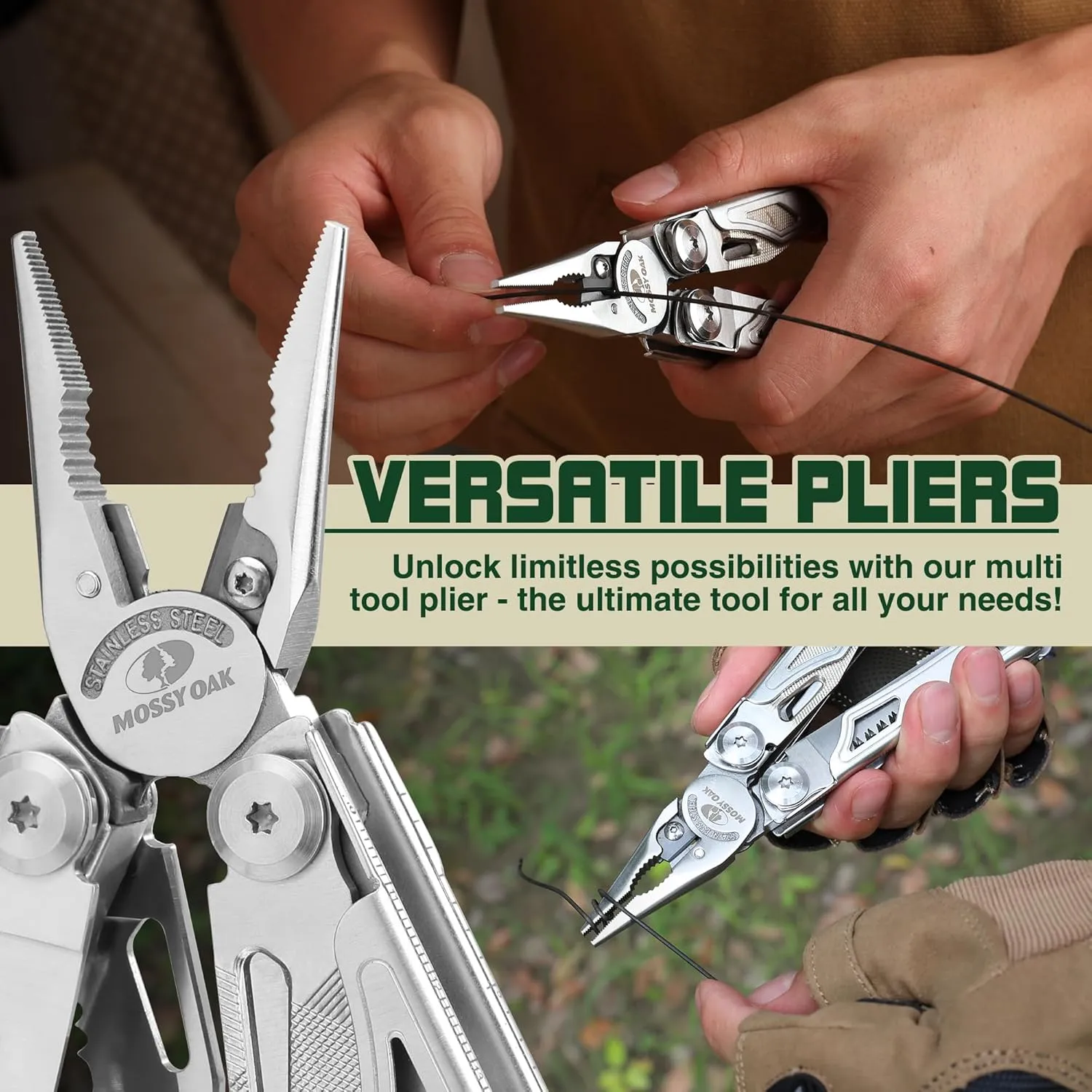 MOSSY OAK Multitool, 19-in-1 Stainless Steel Multi Tool Pliers, Self-locking EDC Gear with Sheath for Outdoor, Survival, Camping, Hiking, Father Day Gifts