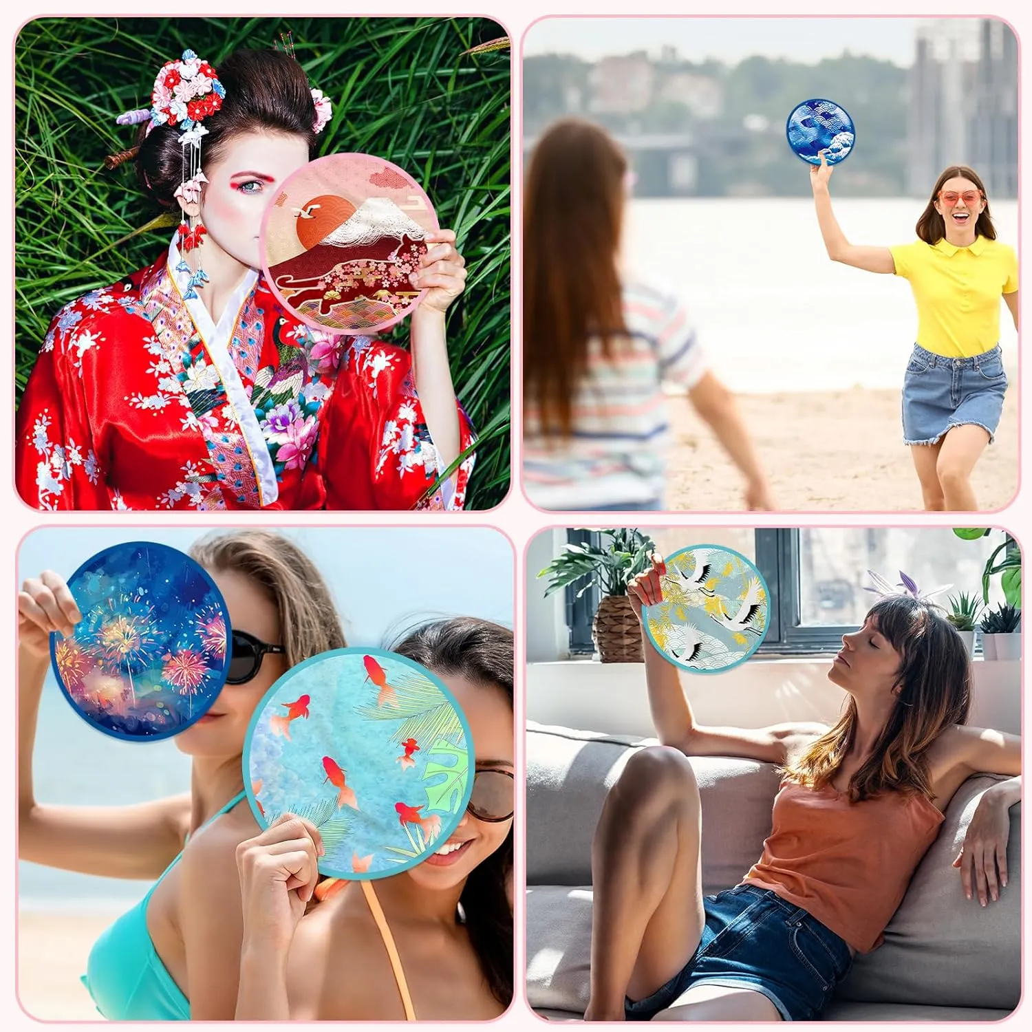 Mototo Foldable Flying Disc Fans, 36PCS Japanese Foldable Disc Fan 8 Inch Pop up Round Collapsible Hand Fan Bulk with Pouch for Women Purse Travel Beach Game Wedding Party Favor Decoration, 6 Style