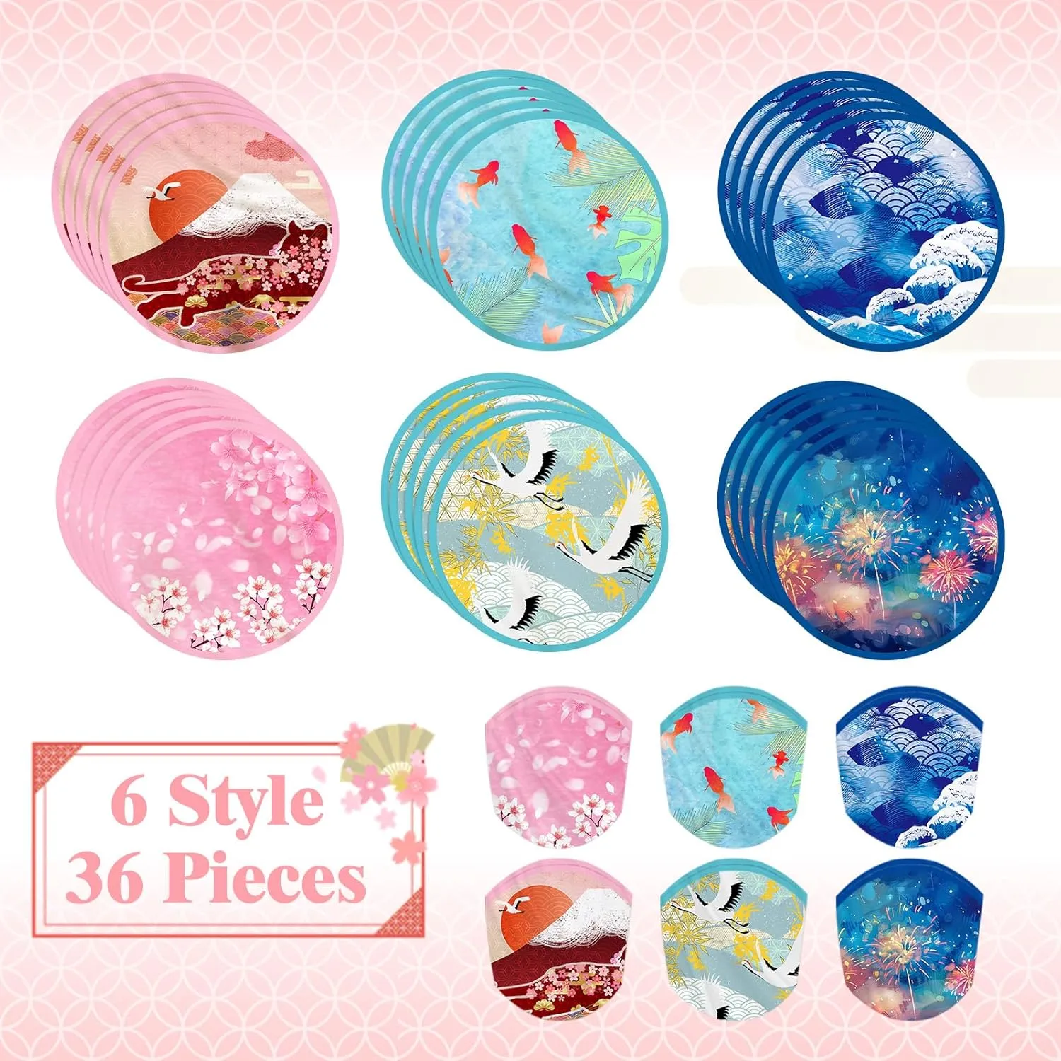 Mototo Foldable Flying Disc Fans, 36PCS Japanese Foldable Disc Fan 8 Inch Pop up Round Collapsible Hand Fan Bulk with Pouch for Women Purse Travel Beach Game Wedding Party Favor Decoration, 6 Style