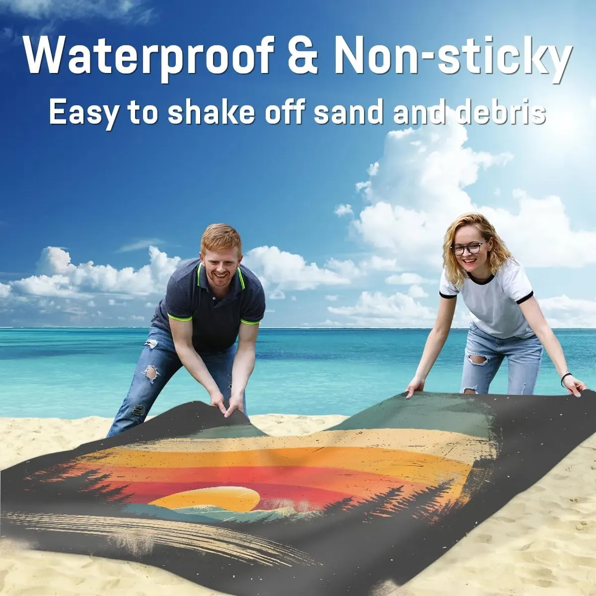Mountain Beach Blanket, Sandproof Beach Mat, 68 x 59 Waterproof Quick Drying Sand Free Mat with 4 x Ground Spikes for Outdoor Travel Camping Hiking, Cool