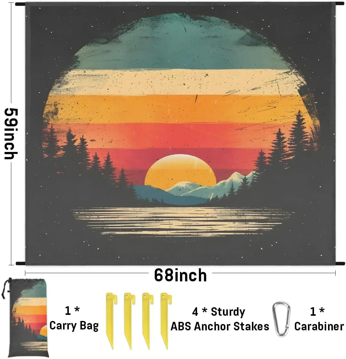 Mountain Beach Blanket, Sandproof Beach Mat, 68 x 59 Waterproof Quick Drying Sand Free Mat with 4 x Ground Spikes for Outdoor Travel Camping Hiking, Cool