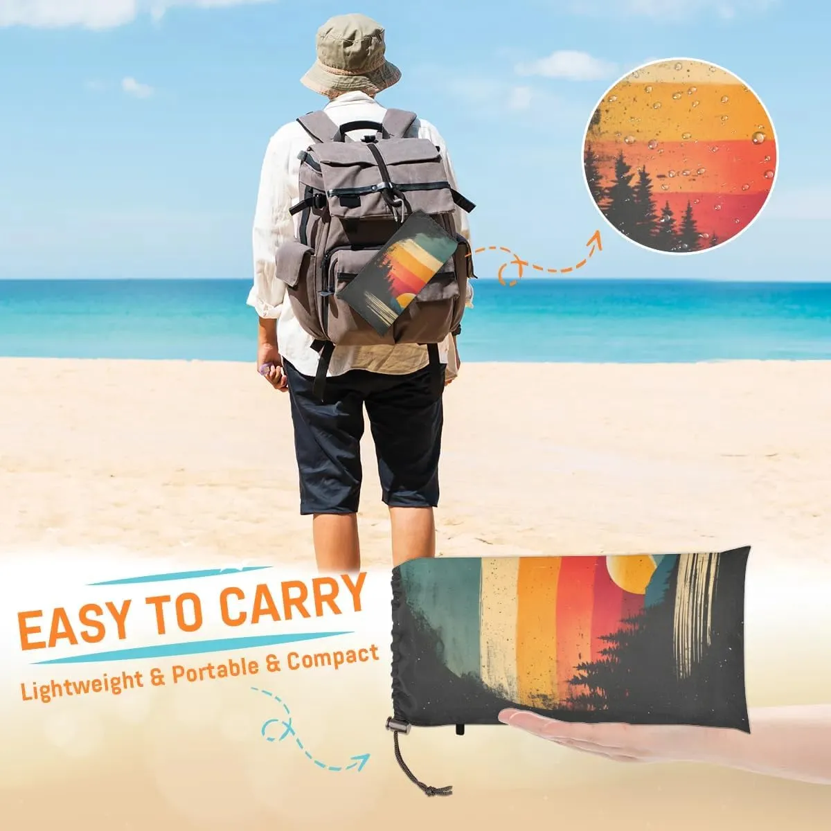 Mountain Beach Blanket, Sandproof Beach Mat, 68 x 59 Waterproof Quick Drying Sand Free Mat with 4 x Ground Spikes for Outdoor Travel Camping Hiking, Cool