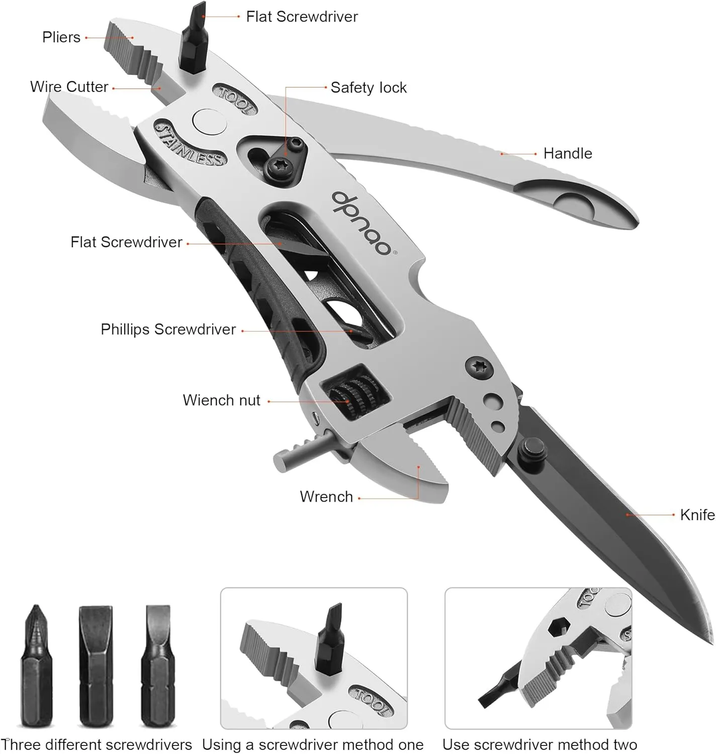 Multitool Wrench adjustable tool/5-in-1 stainless steel multifunctional pocket tool/cross wrench/screwdriver/pliers/portable folding knife with protective cover,outdoor camping,men's Christmas gift