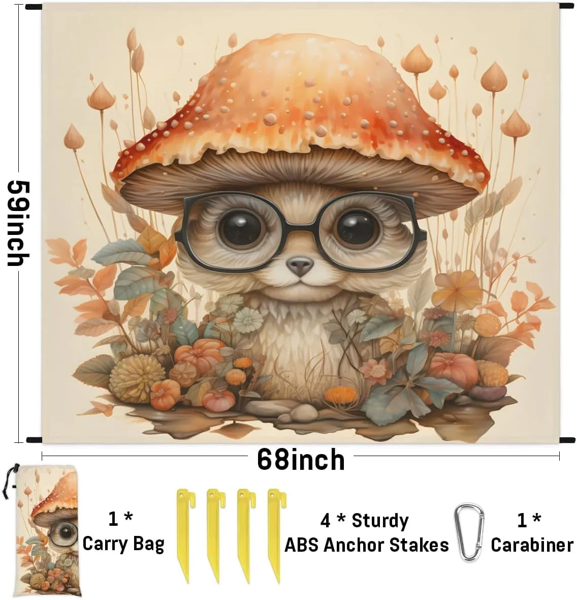 Mushroom Beach Blanket, Sandproof Beach Mat, 68 x 59 Waterproof Quick Drying Sand Free Mat with 4 x Ground Spikes for Outdoor Travel Camping Hiking, Cute Mushroom