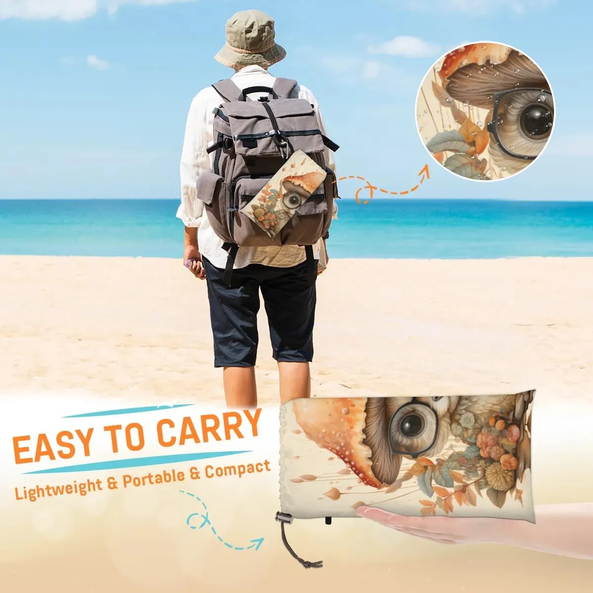 Mushroom Beach Blanket, Sandproof Beach Mat, 68 x 59 Waterproof Quick Drying Sand Free Mat with 4 x Ground Spikes for Outdoor Travel Camping Hiking, Cute Mushroom