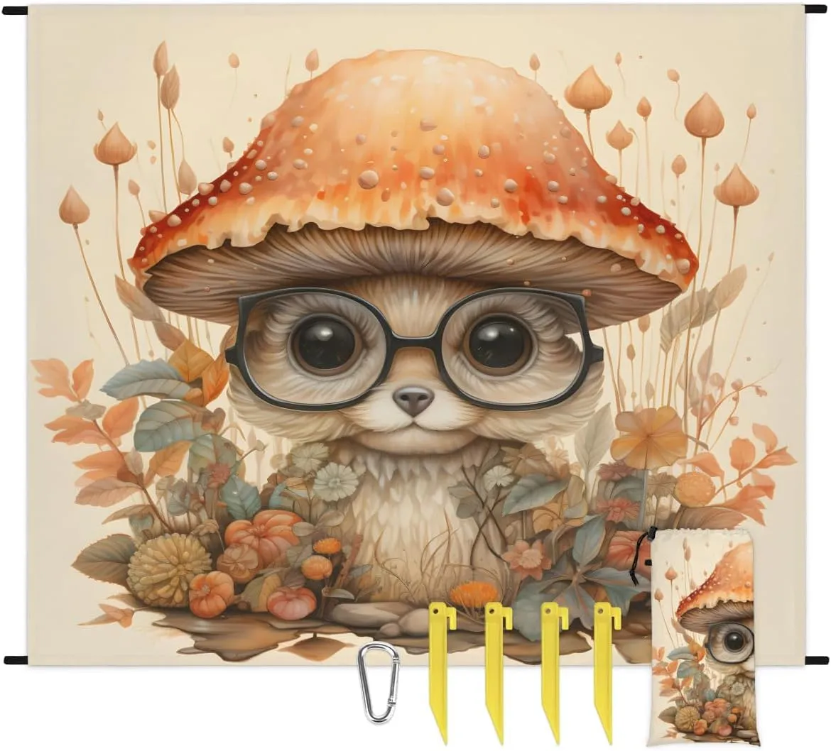 Mushroom Beach Blanket, Sandproof Beach Mat, 68 x 59 Waterproof Quick Drying Sand Free Mat with 4 x Ground Spikes for Outdoor Travel Camping Hiking, Cute Mushroom
