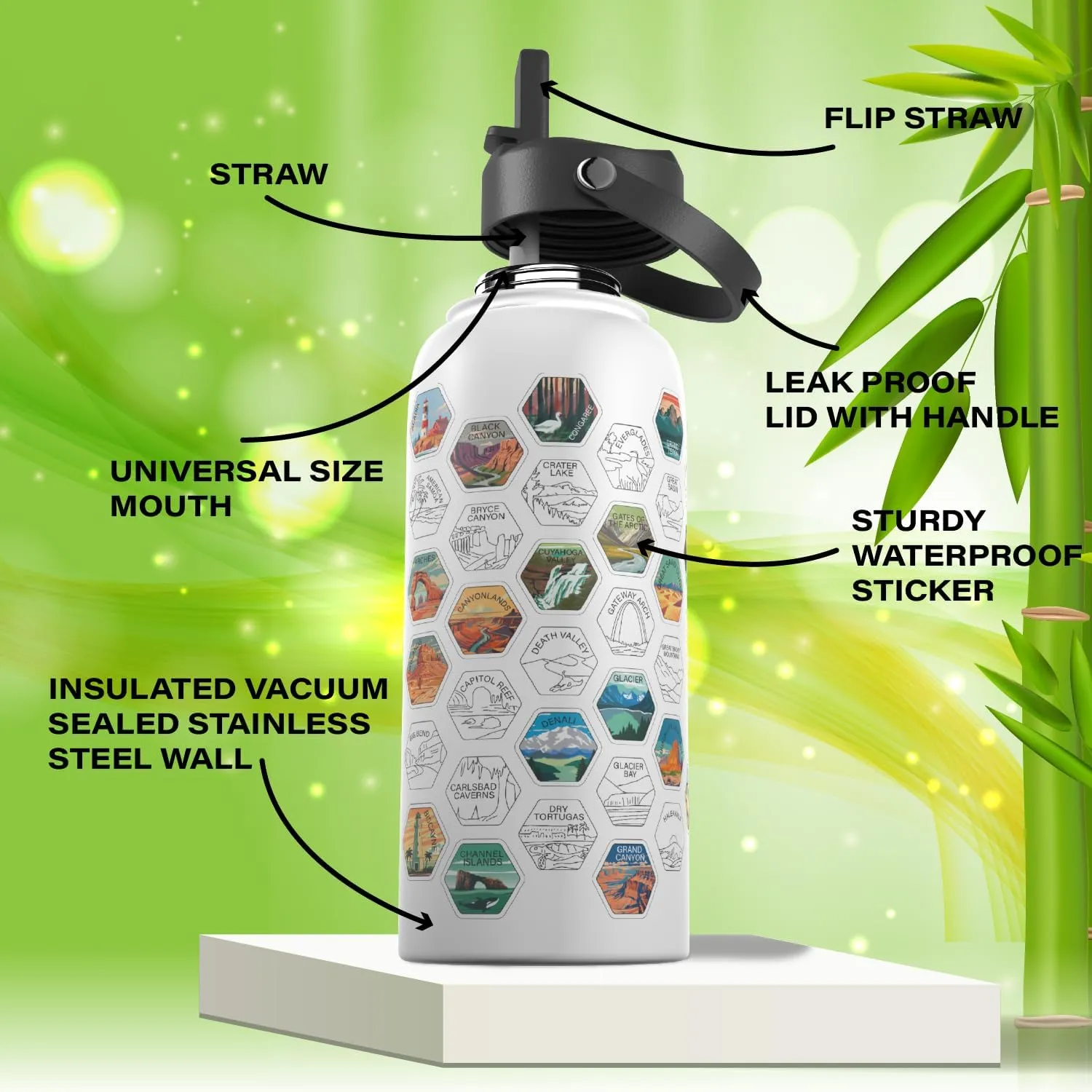 National Parks Water Bottle With Waterproof Stickers Wrap Around- Stainless Steel Insulated Vacuum Sealed 32 oz With Leak Proof Lid (National Park WHITE V2)