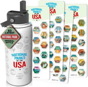 National Parks Water Bottle With Waterproof Stickers Wrap Around- Stainless Steel Insulated Vacuum Sealed 32 oz With Leak Proof Lid (National Park WHITE V2)