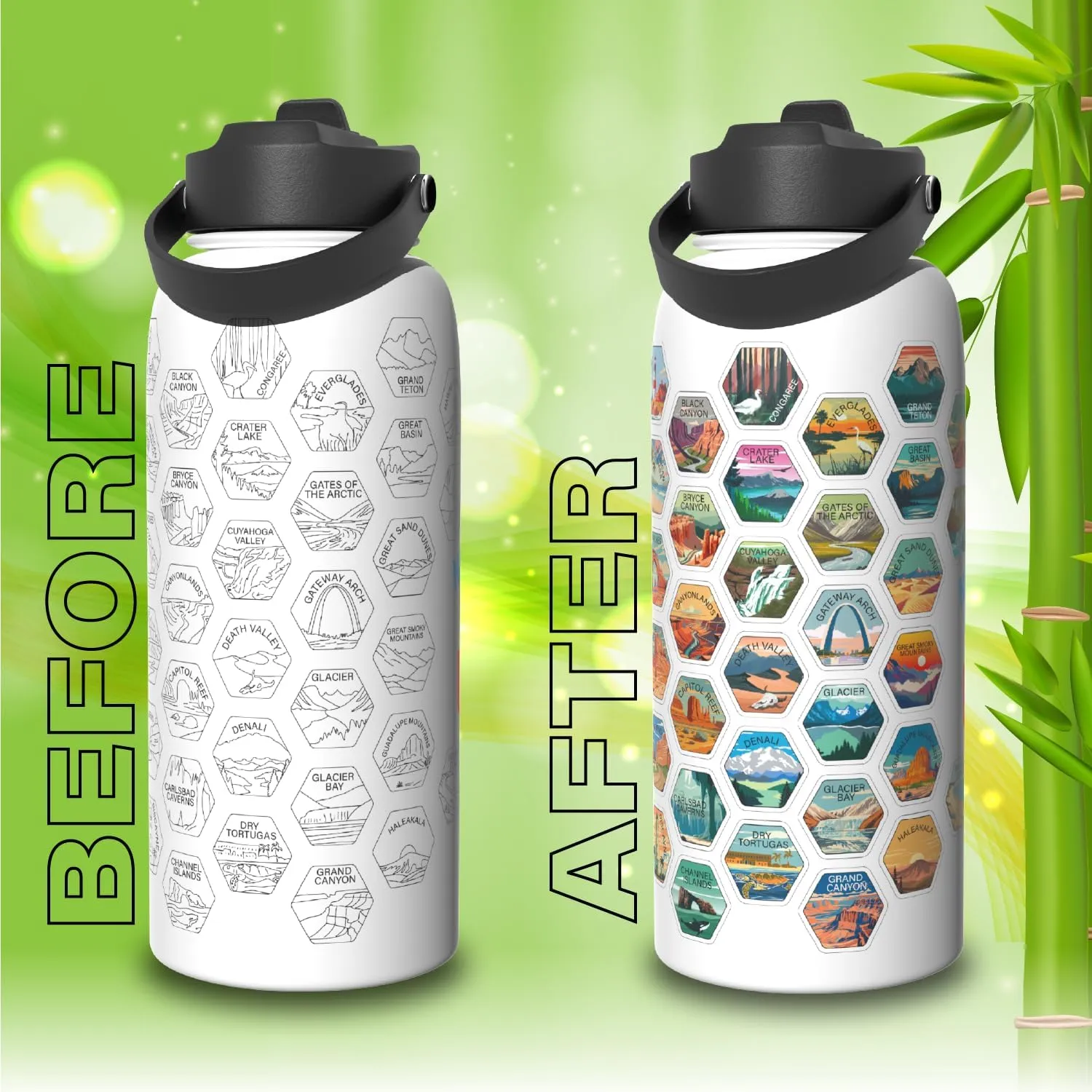 National Parks Water Bottle With Waterproof Stickers Wrap Around- Stainless Steel Insulated Vacuum Sealed 32 oz With Leak Proof Lid (National Park WHITE V2)