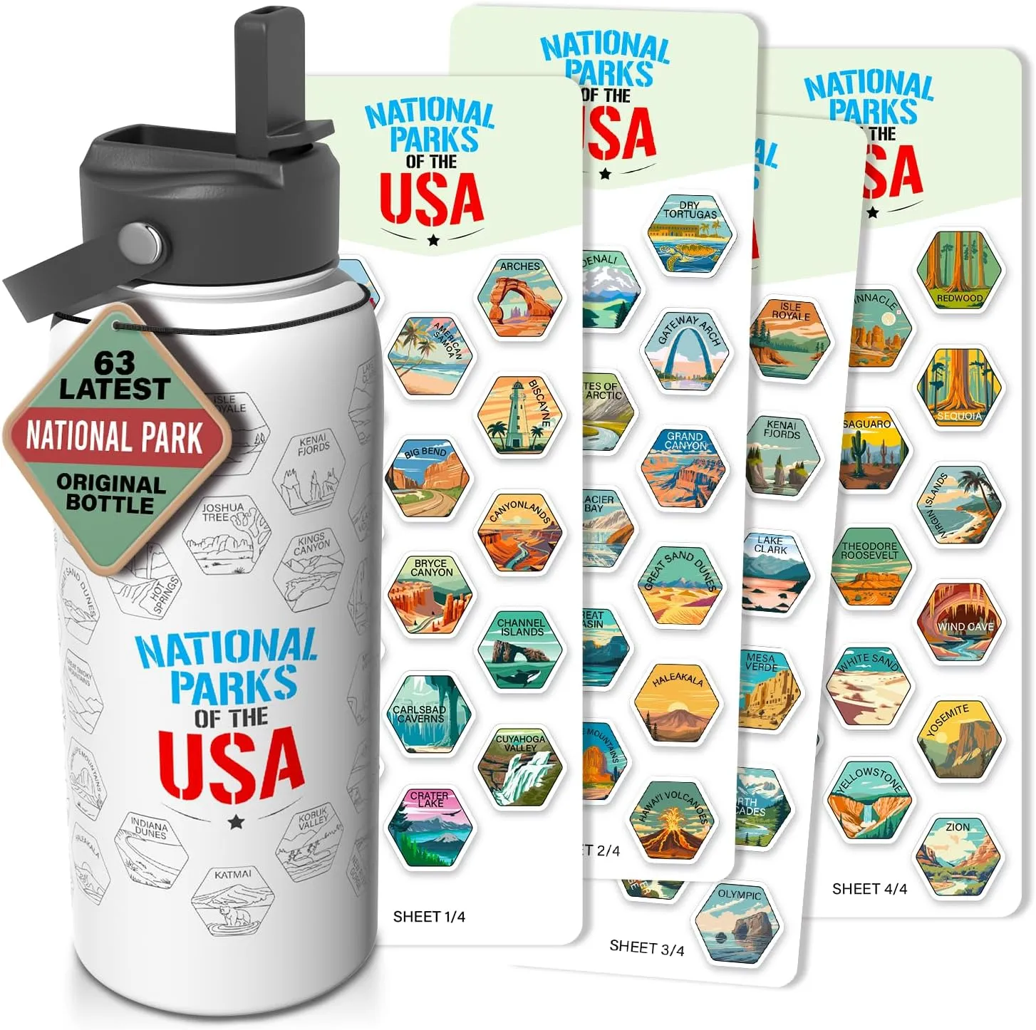 National Parks Water Bottle With Waterproof Stickers Wrap Around- Stainless Steel Insulated Vacuum Sealed 32 oz With Leak Proof Lid (National Park WHITE V2)