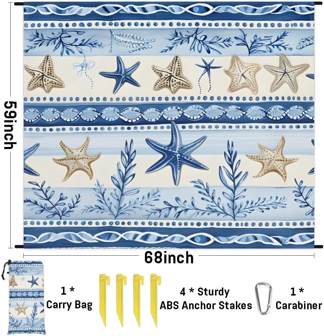 Nautical Coastal Beach Blanket, Sandproof Beach Mat, 68 x 59 Waterproof Quick Drying Sand Free Mat with 4 x Ground Spikes for Outdoor Travel Camping Hiking, Nautical Starfish Coral