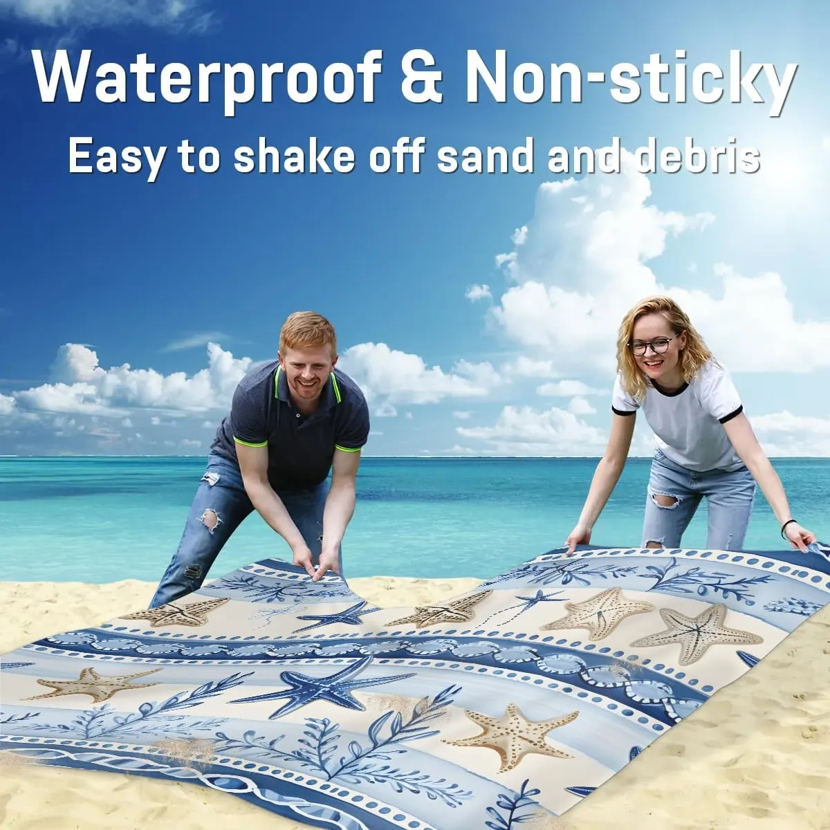 Nautical Coastal Beach Blanket, Sandproof Beach Mat, 68 x 59 Waterproof Quick Drying Sand Free Mat with 4 x Ground Spikes for Outdoor Travel Camping Hiking, Nautical Starfish Coral