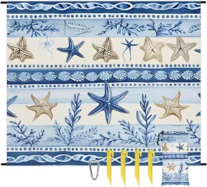 Nautical Coastal Beach Blanket, Sandproof Beach Mat, 68 x 59 Waterproof Quick Drying Sand Free Mat with 4 x Ground Spikes for Outdoor Travel Camping Hiking, Nautical Starfish Coral