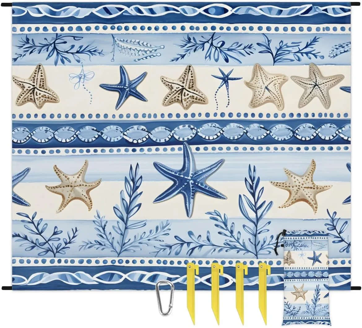 Nautical Coastal Beach Blanket, Sandproof Beach Mat, 68 x 59 Waterproof Quick Drying Sand Free Mat with 4 x Ground Spikes for Outdoor Travel Camping Hiking, Nautical Starfish Coral