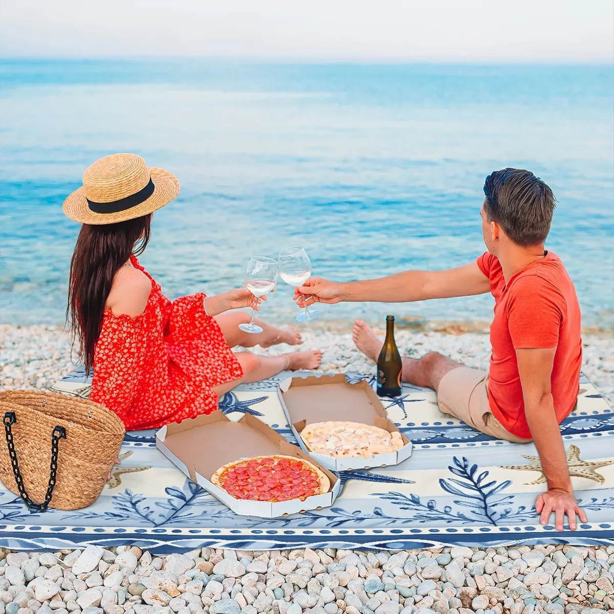 Nautical Coastal Beach Blanket, Sandproof Beach Mat, 68 x 59 Waterproof Quick Drying Sand Free Mat with 4 x Ground Spikes for Outdoor Travel Camping Hiking, Nautical Starfish Coral