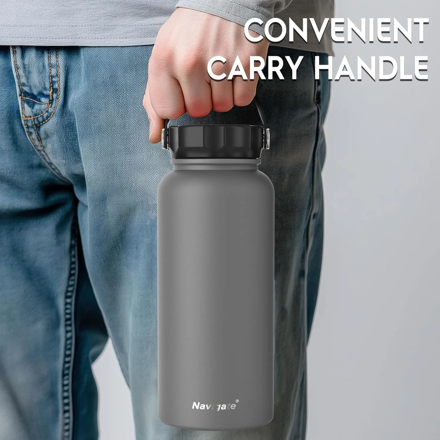 Navigate 32 oz Insulated Stainless Steel Sports Water Bottle with Spout & Handle Lids,Wide Mouth Water Jug with Double Walled Leak Proof Keep Cold for 24 Hrs Hot for 12 Hrs,Grey