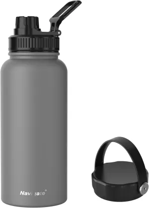 Navigate 32 oz Insulated Stainless Steel Sports Water Bottle with Spout & Handle Lids,Wide Mouth Water Jug with Double Walled Leak Proof Keep Cold for 24 Hrs Hot for 12 Hrs,Grey