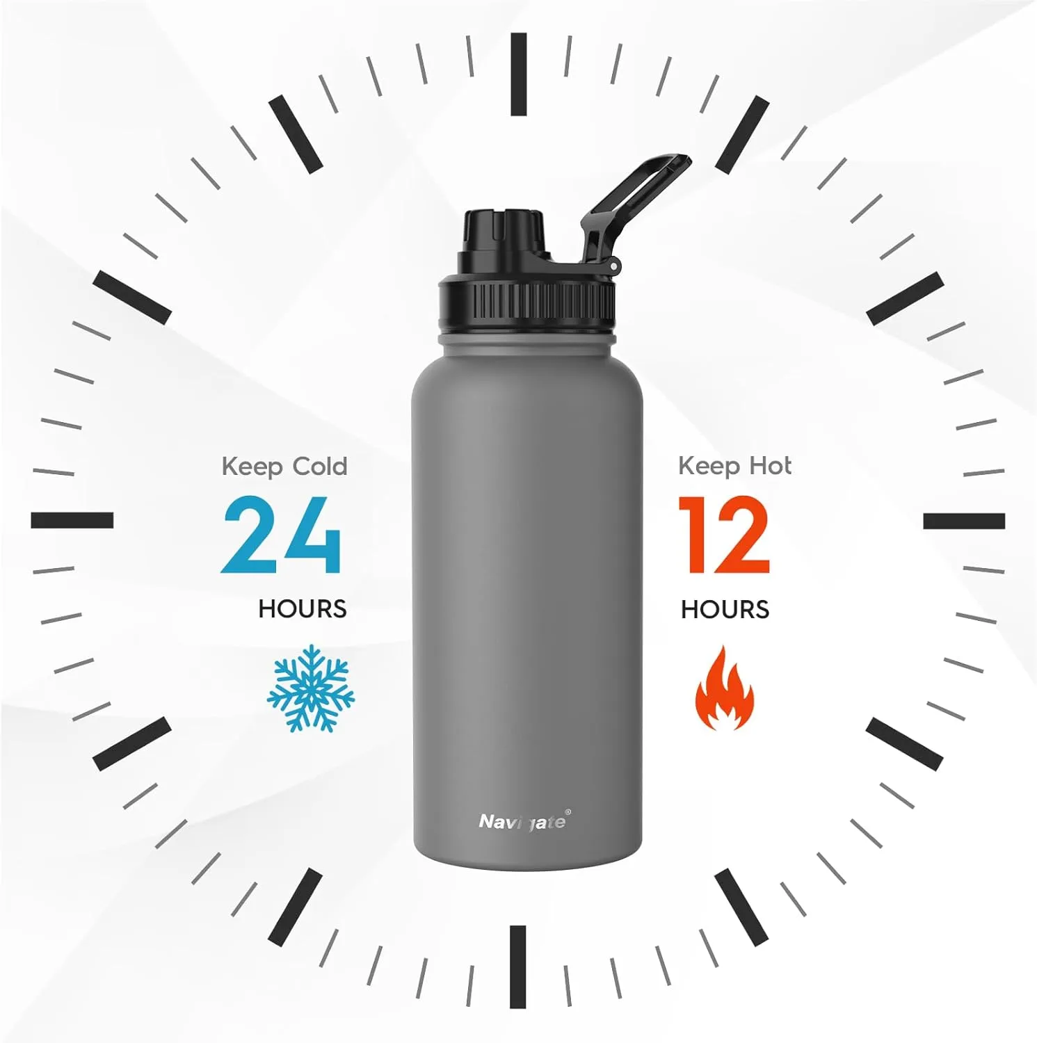 Navigate 32 oz Insulated Stainless Steel Sports Water Bottle with Spout & Handle Lids,Wide Mouth Water Jug with Double Walled Leak Proof Keep Cold for 24 Hrs Hot for 12 Hrs,Grey