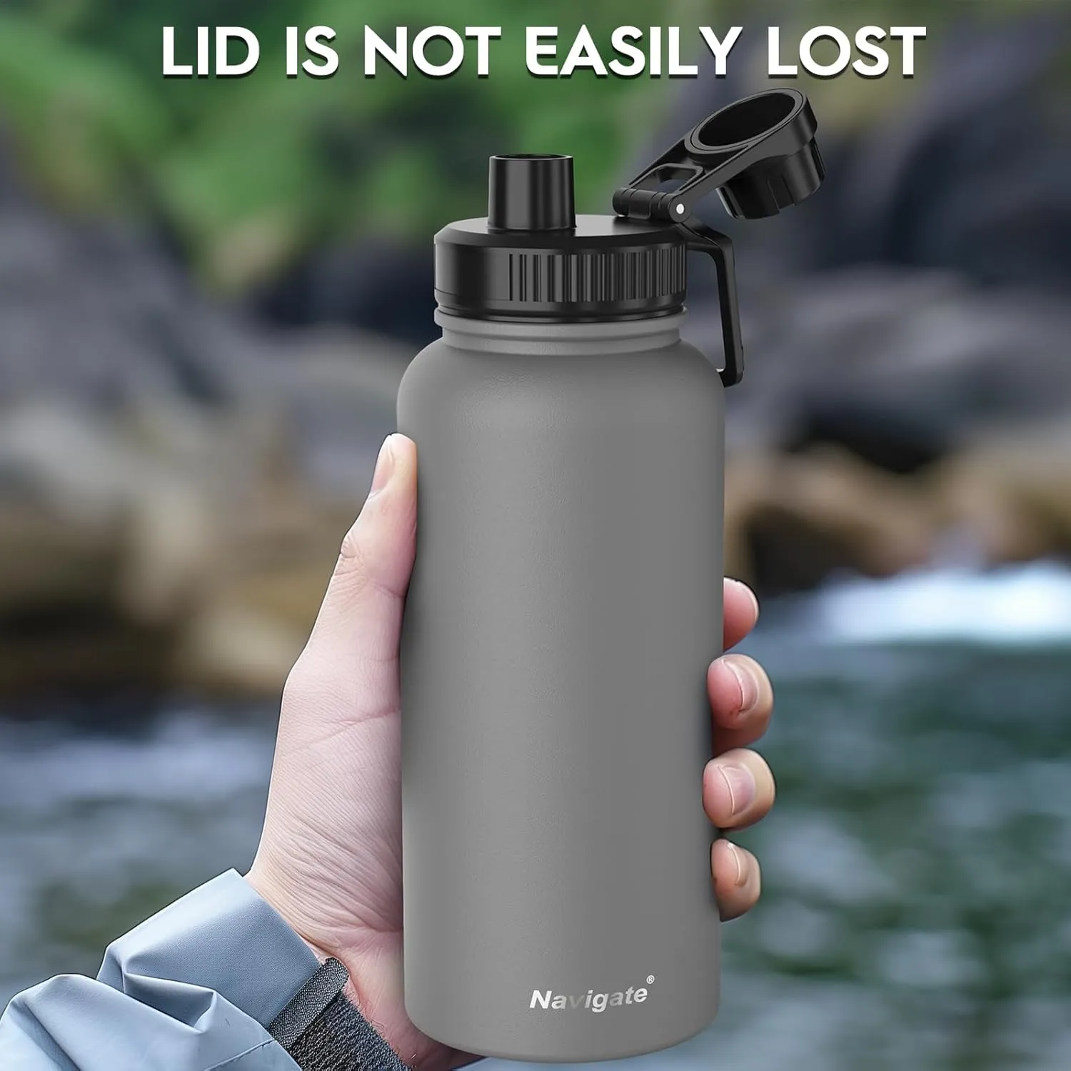 Navigate 32 oz Insulated Stainless Steel Sports Water Bottle with Spout & Handle Lids,Wide Mouth Water Jug with Double Walled Leak Proof Keep Cold for 24 Hrs Hot for 12 Hrs,Grey