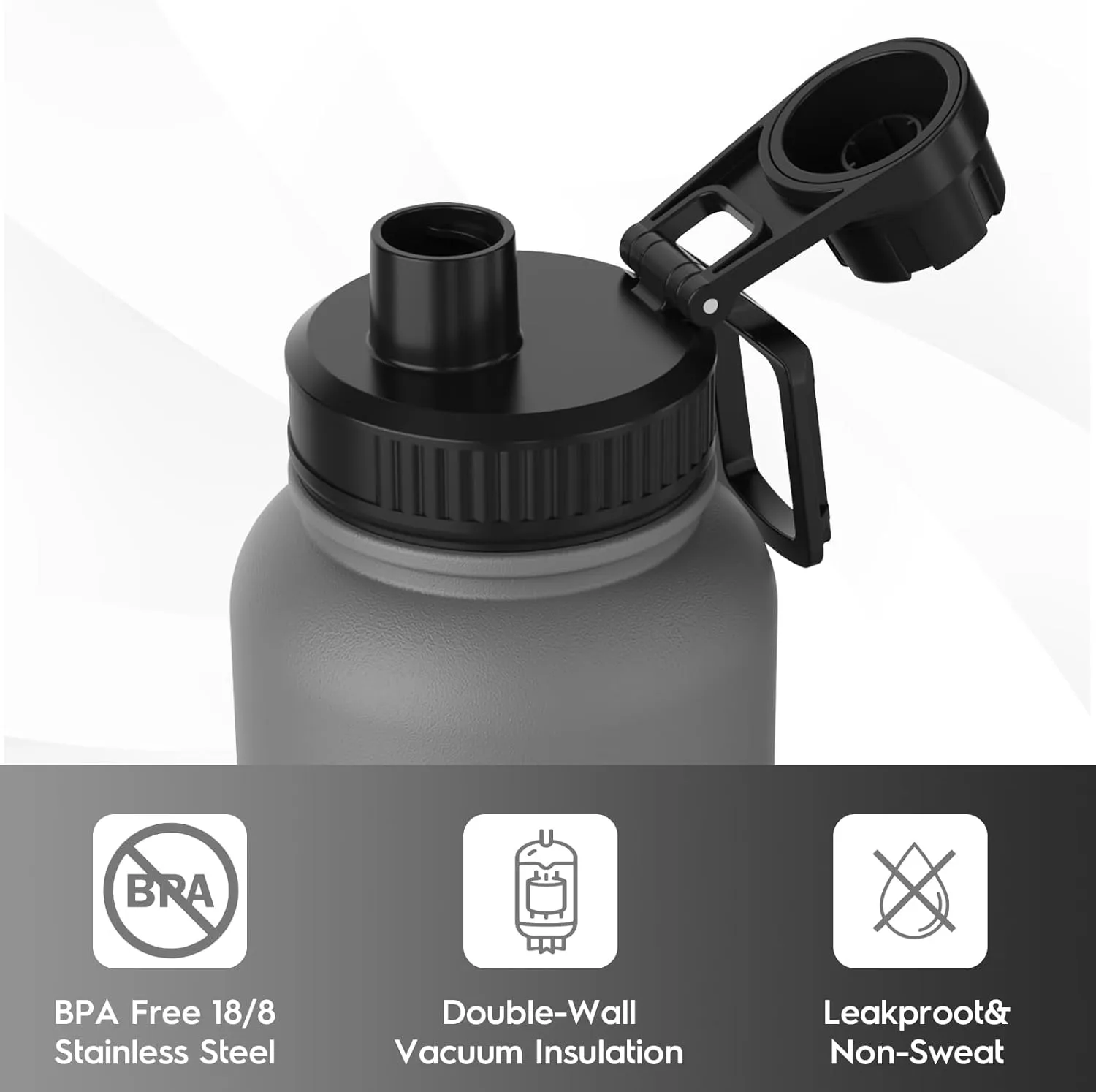 Navigate 32 oz Insulated Stainless Steel Sports Water Bottle with Spout & Handle Lids,Wide Mouth Water Jug with Double Walled Leak Proof Keep Cold for 24 Hrs Hot for 12 Hrs,Grey